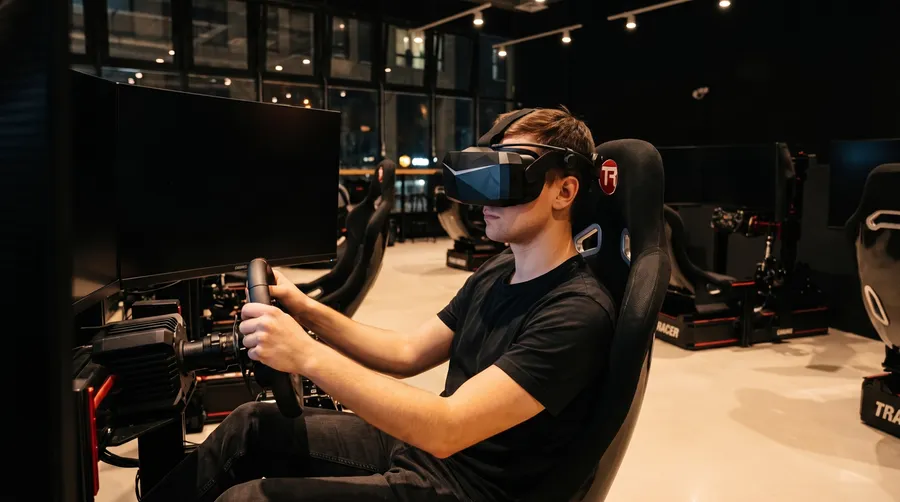 Гонщик в VR-шлеме Pimax за рулём симулятора клуба Garage — полный обзор 360 и эффект присутствия