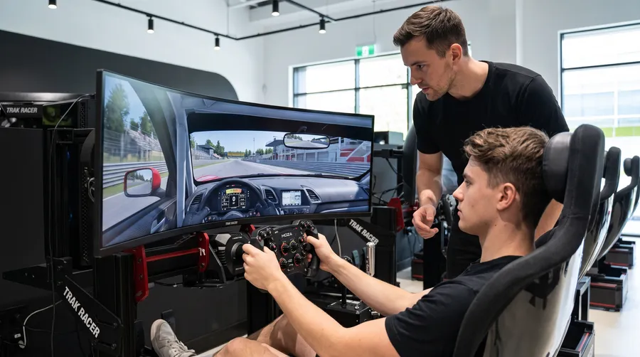 Администратор клуба Garage помогает новичку настроить гоночный симулятор на первом визите