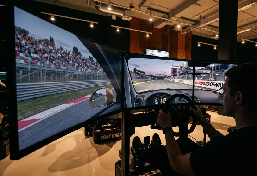 Тройной экран гоночного симулятора с трассой Moscow Raceway и руль с прямым приводом в клубе Garage